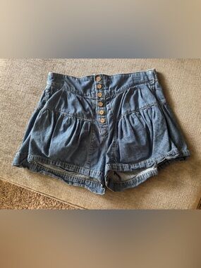 We The Free Denim Button-Front High-Waist Shorts - Blue